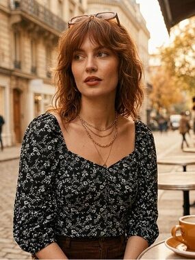 NWT Ripe ($43) Black Floral Puff Sleeve Square Neck Top | Feminine Chic Blouse